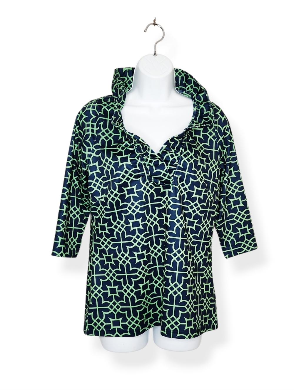 Gretchen Scott Ruffle Neck Top Blue Green Pattern Size Small 3/4 Sleeves Shirt